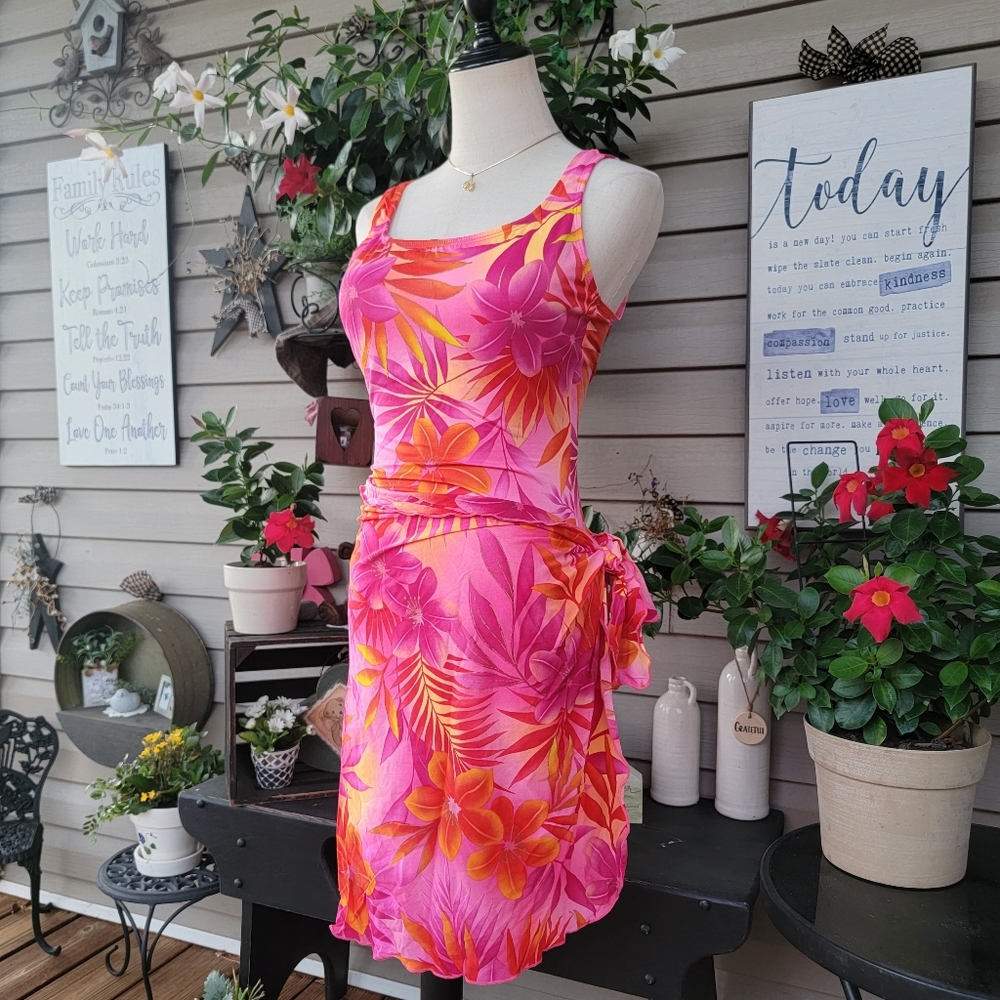 BEACH NATIVE ♡ Vintage 1pc Pink 'n Orange Floral Padded Bra Swimsuit w/Sarong 10